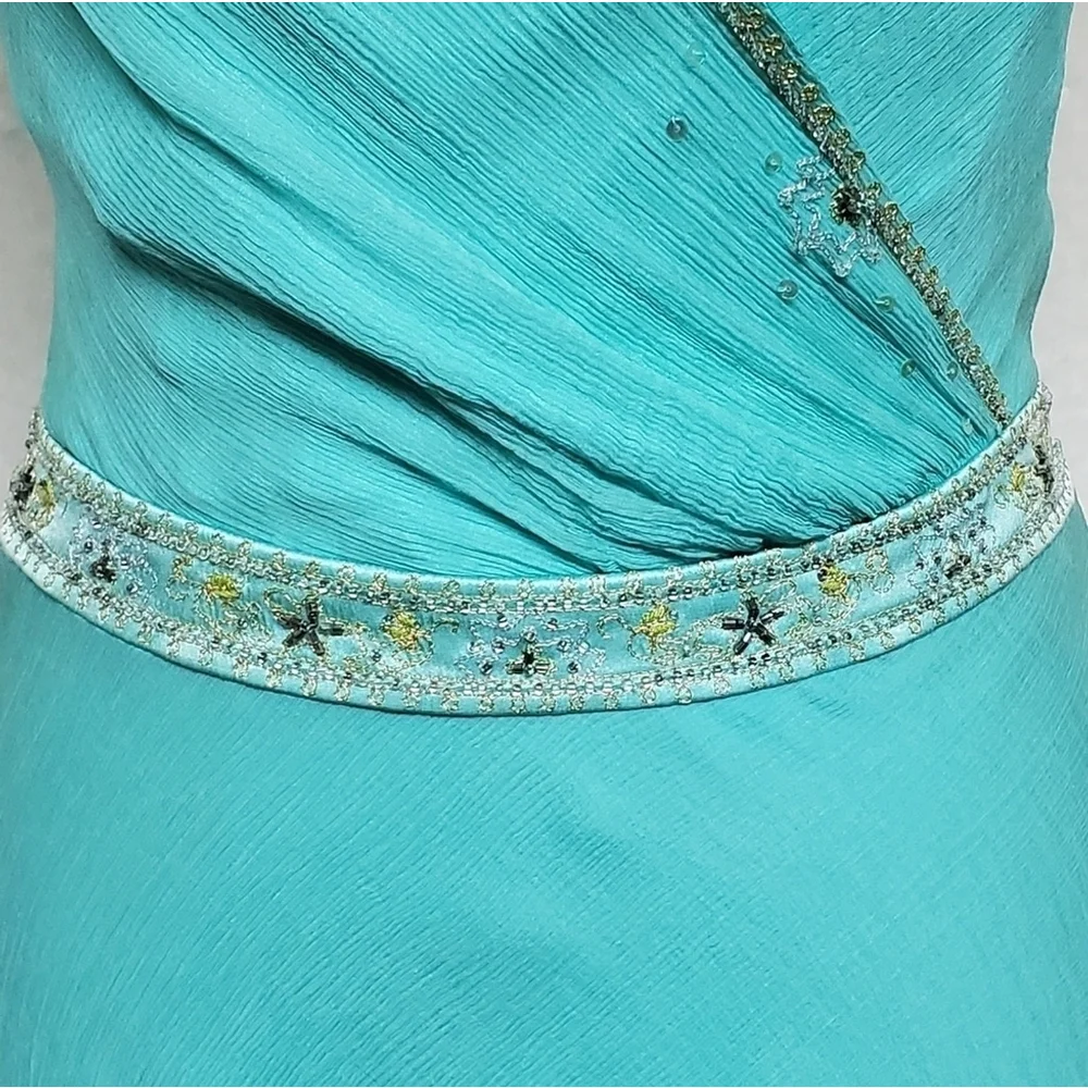 Vintage 90s Laundry by Shelli Segal Aqua Silk Chiffon Sequin T-Back Hi-low Dress - Picture 7 of 16